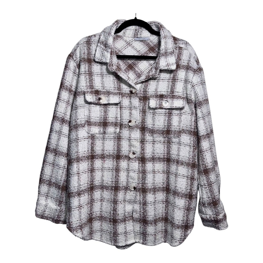 VEVERET Women's Large Shacket Button Front Casual Plaid Neutral Brown White